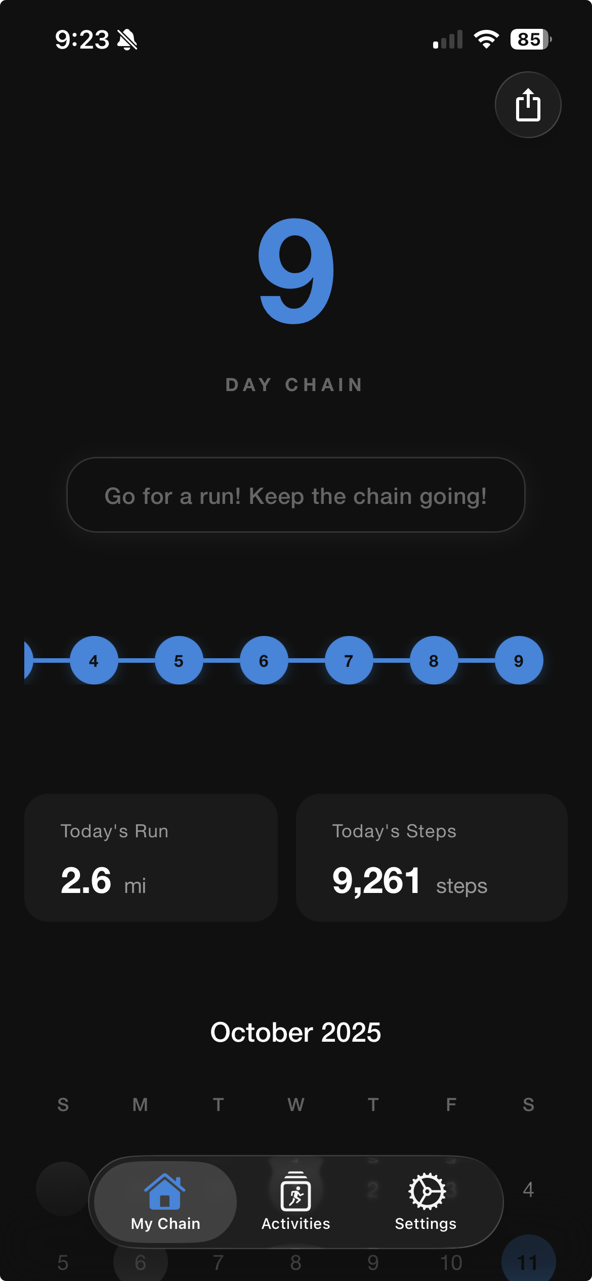RunChain home screen showing chain visualization